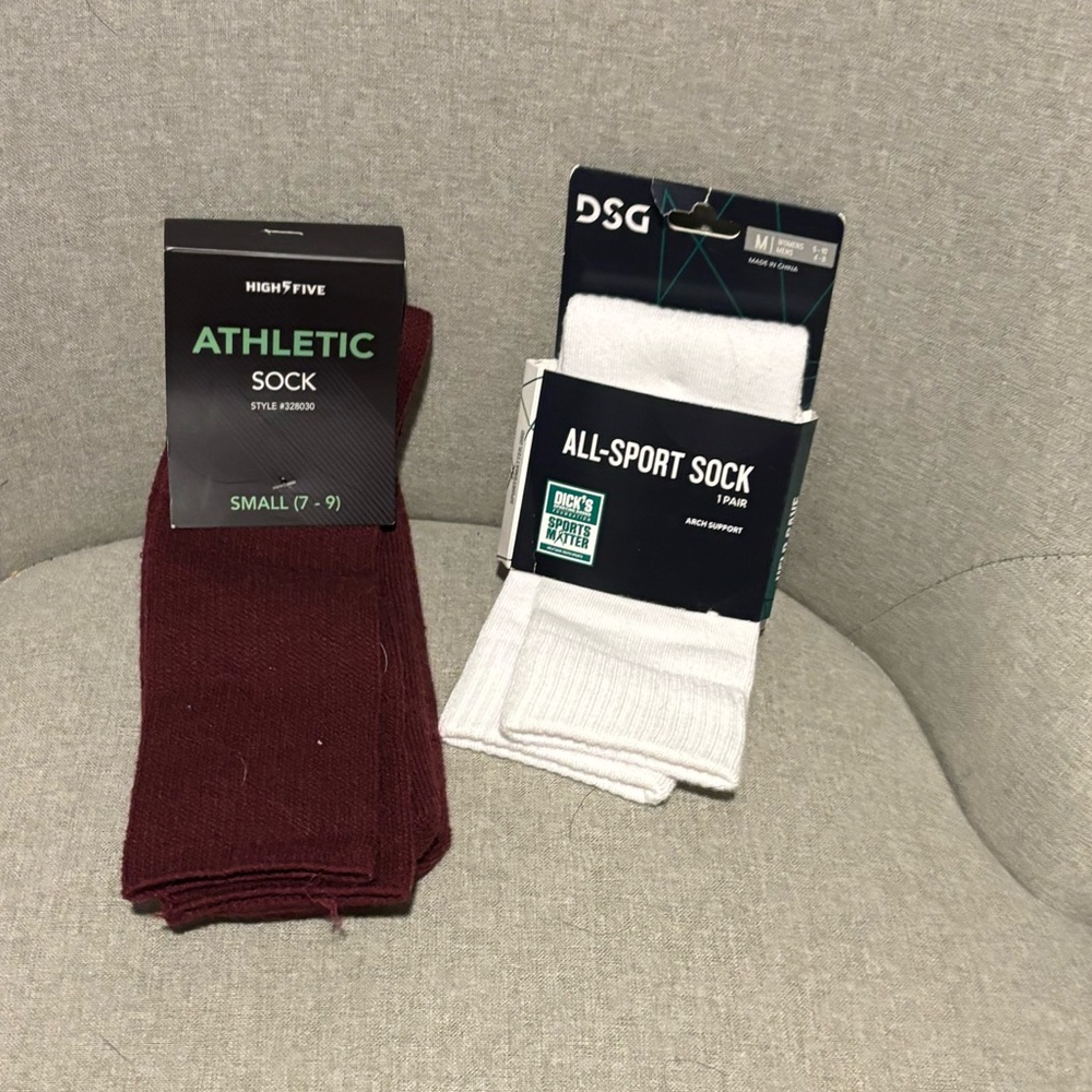 Women's Two Athletic Socks - Maroon  (Small) and White (Medium)  NWT